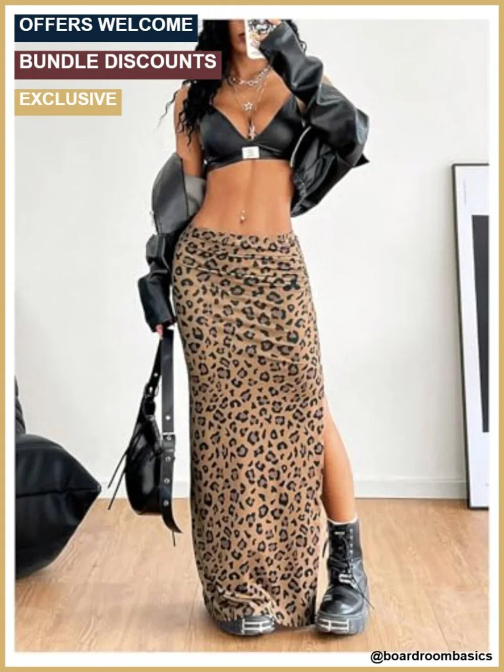 Leopard Print High Slit Maxi Skirt Elastic Waist Y2K Cheetah Pencil Skirt